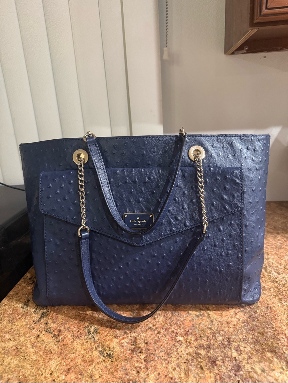 Kate Spade New York navy leather ostrich-embossed chain-strap tote